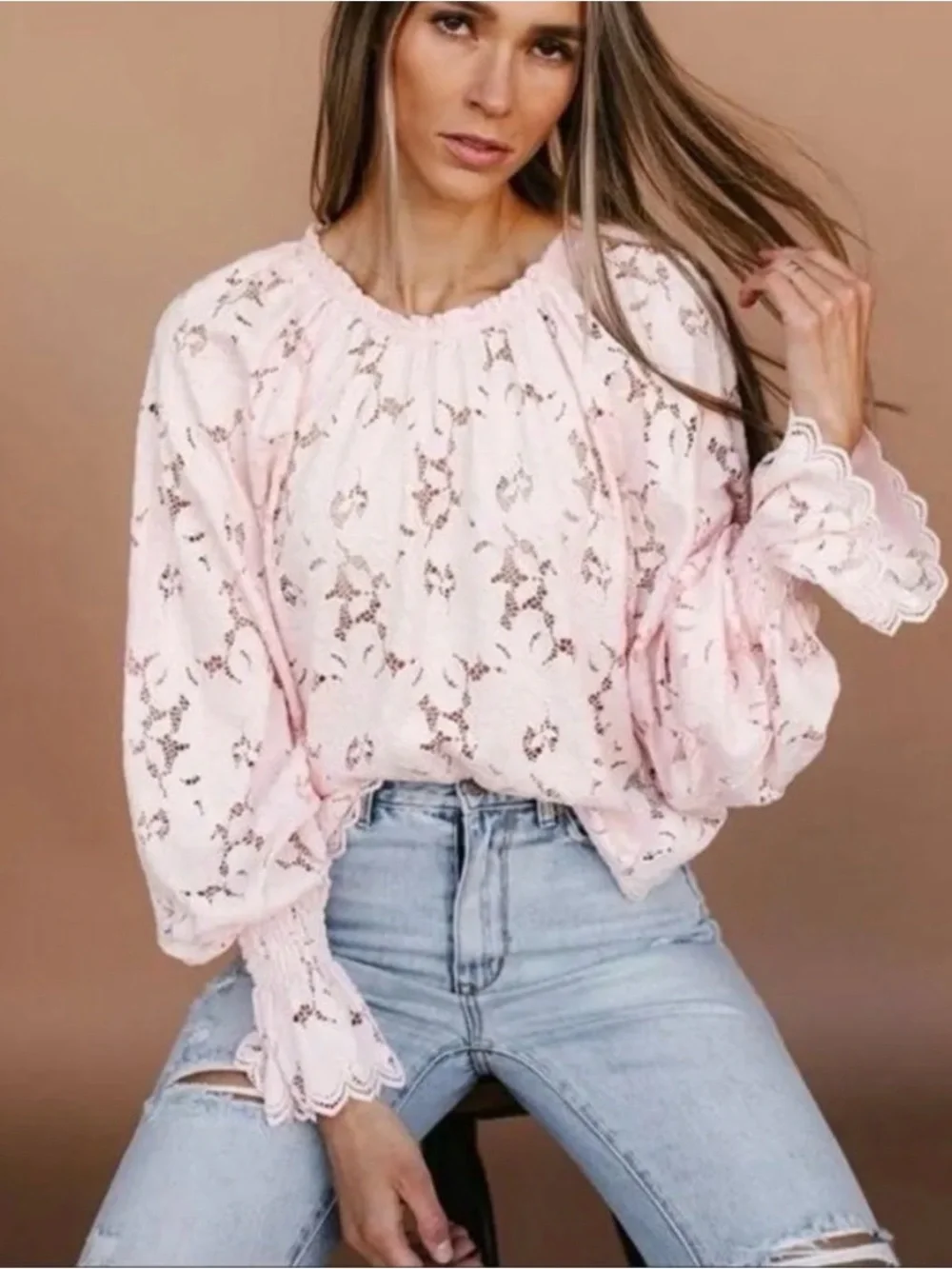 NWOT Free People Olivia Lace Balloon Sleeve Blouse Top in Pink